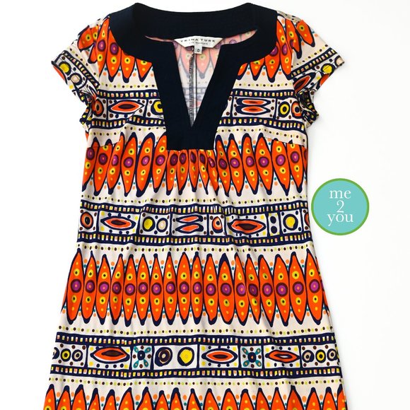 TRINA TURK Navy & Orange Women's Modern Tribal Cricket 100% Silk Dress Size 0 - Picture 1 of 11
